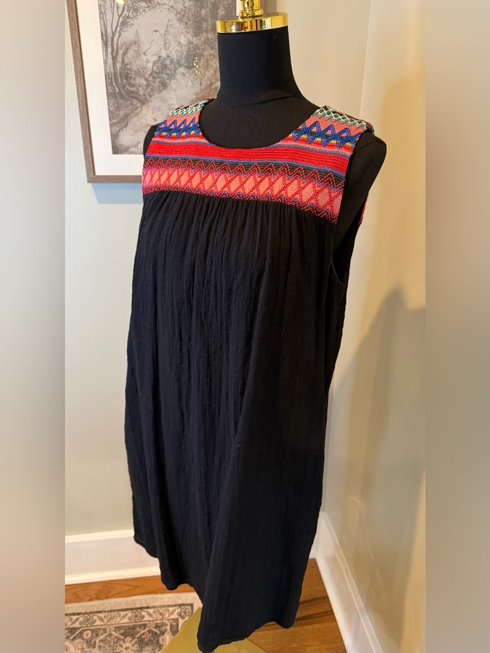 C&C California Black Mini Dress with Multicolor Embroidered Yoke